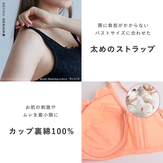 ルルスマートブラは肩に負担がかからないバストサイズに合わせた太めのストラップ 背中のハミ肉もしっかりホールドする3列3段のホック