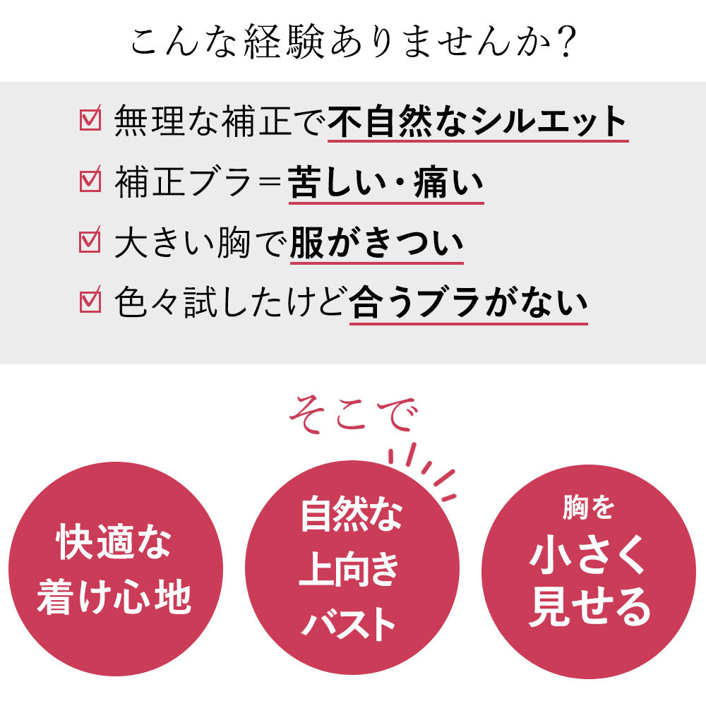 大きな胸を小さく見せる補正ブラ太めのストラップ・3列3段のホック