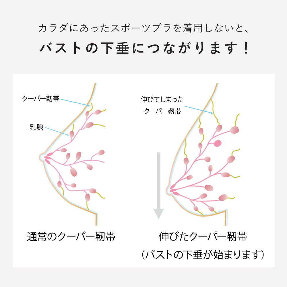 体になったスポーツブラを着用しないとバストの下垂につながります。