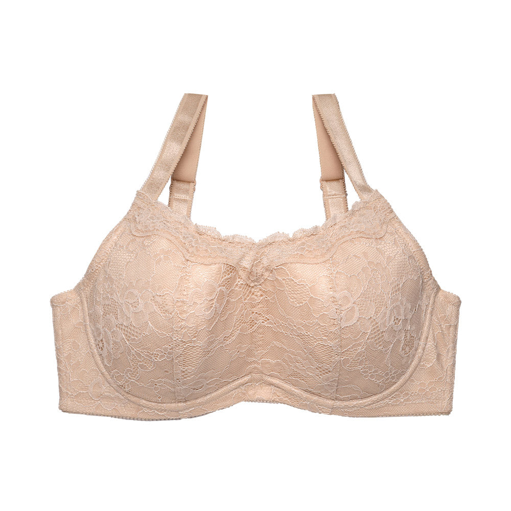 大きな胸を小さく見せる補正ブラ、ベージュ×ベージュの白背景商品単独画像
