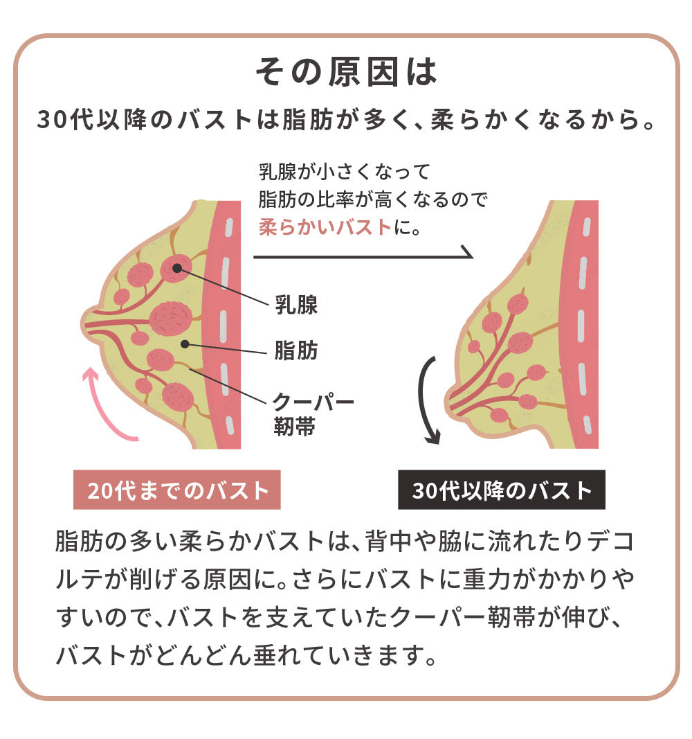 まる胸ブラジャーショーツセット、30代以降のバストの脂肪の増加と柔らかさの変化を示す図解