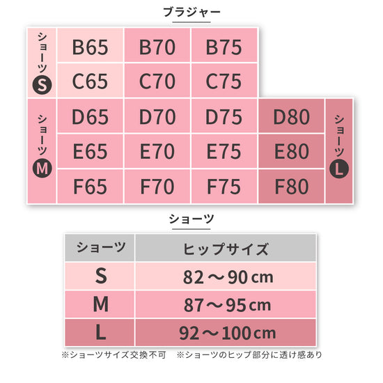 まる胸ブラジャーショーツセット、ブラとショーツの対応サイズ表。ヒップサイズも併記