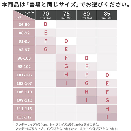 胸を小さく見せるシアーメッシュブラサイズ表。普段と同じサイズで選んでください