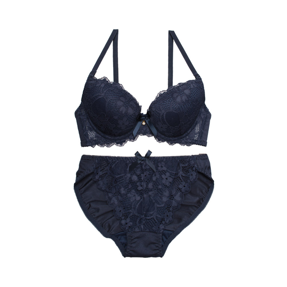 落ち着いたカラーが魅力の総レースブラ＆ショーツセット【b7177f】ネイビー