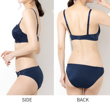 パカパカしない、ずれにくい自然に小胸にフィットするブラセットのモデル着用画像サイドショットとバックショット