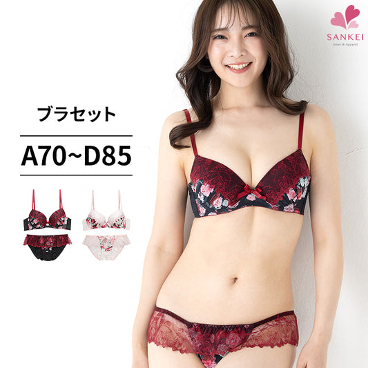 脇高ブラ＆ショーツセット ローズ柄シフォン×チュールレース 【ABCDサイズ】 ba0796