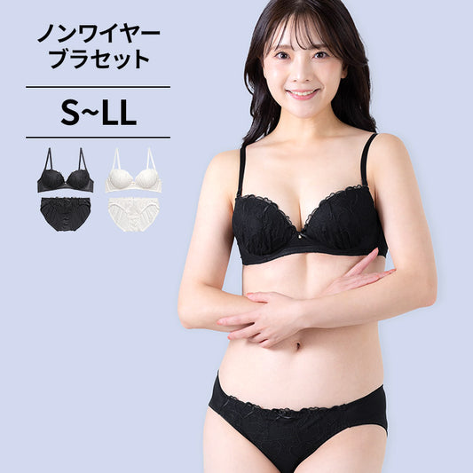 [11/11より順次発送]ノンワイヤーブラ＆ショーツセット ハート柄刺繍 【S/M/L/LLサイズ】 ba0978