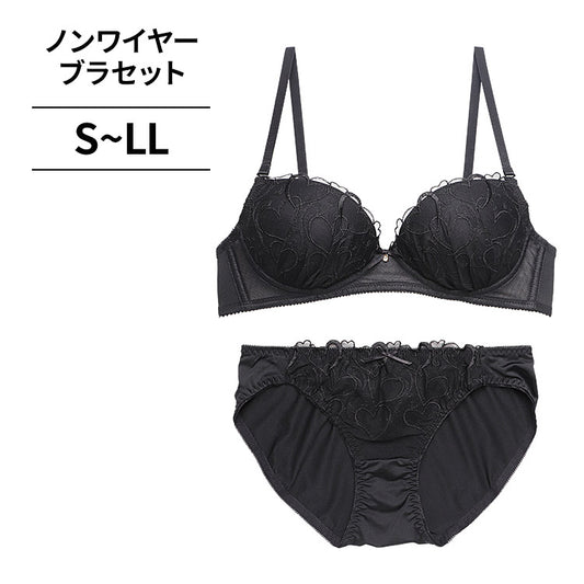 [11/11より順次発送]ノンワイヤーブラ＆ショーツセット ハート柄刺繍 【S/M/L/LLサイズ】 ba0978a