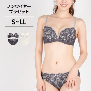 ノンワイヤーブラ＆ショーツセット 小花柄刺繍 【S/M/L/LLサイズ】 ba1044
