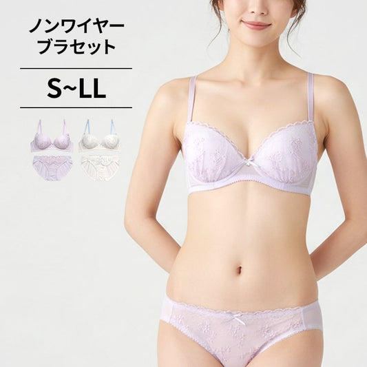 ノンワイヤーブラ＆ショーツセット 小花柄刺繍 【S/M/L/LLサイズ】 ba1045