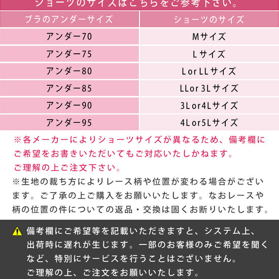 ブラのアンダーサイズ70はショーツMサイズ、アンダー75はショーツLサイズ、アンダー80はショーツLまたはLLサイズ、アンダー85はショーツLLまたは3Lサイズ、アンダー90はショーツ3Lまたは4Lサイズ、アンダー95はショーツ4Lまたは5Lになります