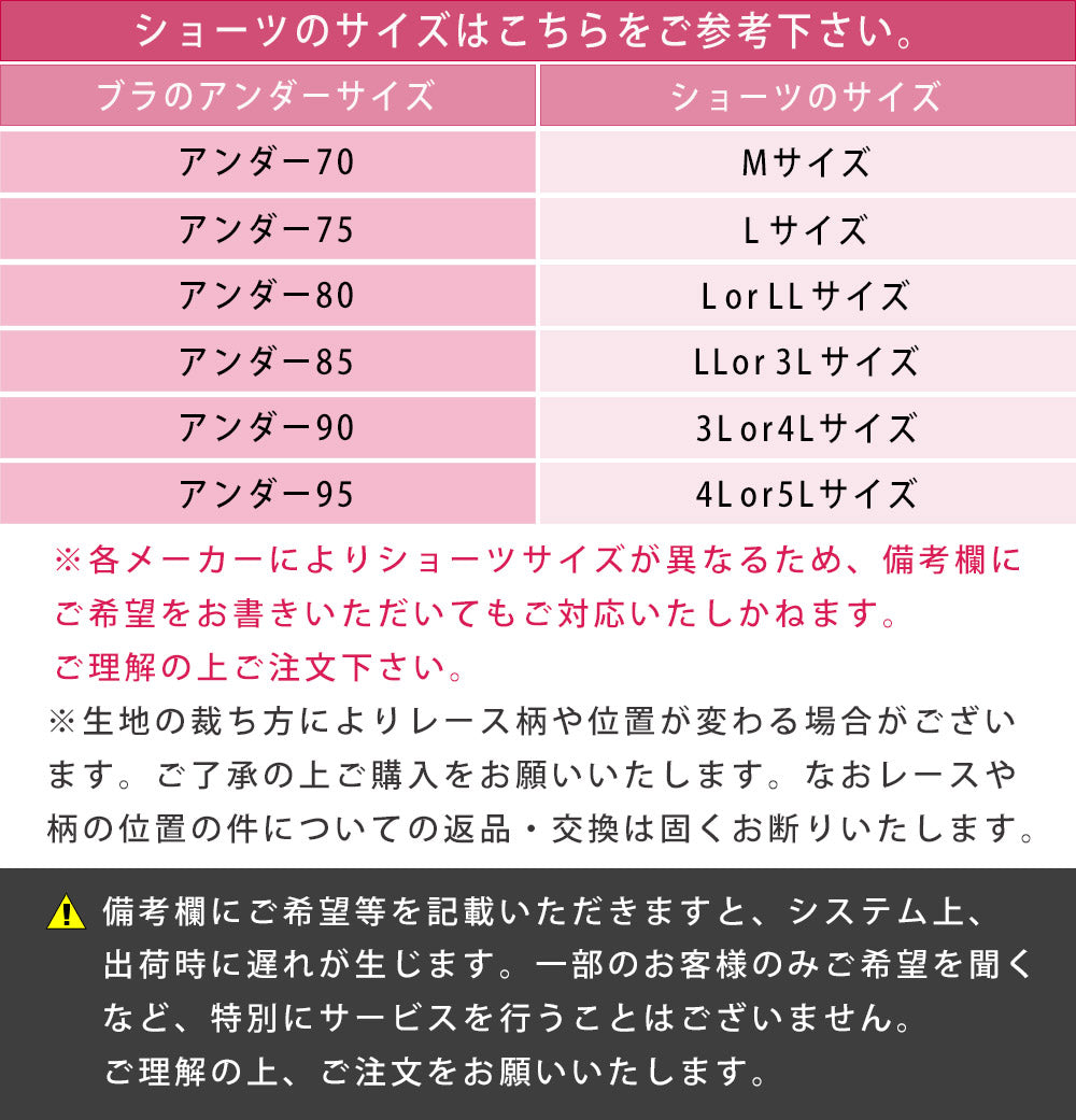 ブラのアンダーサイズ70はショーツMサイズ、アンダー75はショーツLサイズ、アンダー80はショーツLまたはLLサイズ、アンダー85はショーツLLまたは3Lサイズ、アンダー90はショーツ3Lまたは4Lサイズ、アンダー95はショーツ4Lまたは5Lになります