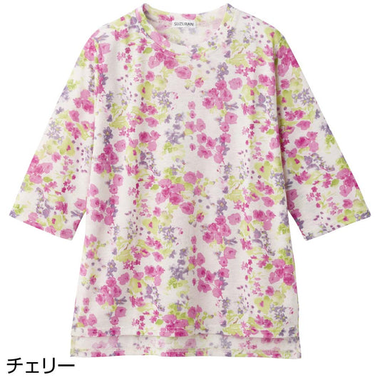 【M Lサイズ】シニア レディース 夏服 シニアファッション レディース 6分袖 麻混 後ろ長めＴシャツ 婦人服 花柄 二の腕カバー シニアレディース トップス カットソー  介護 おばあちゃん シニア レディース 6分袖